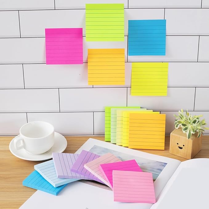 (24 Pads) Lined Sticky Notes 3x3 in Ruled Stickies Super Sticking Power Memo Pads Bright Colors