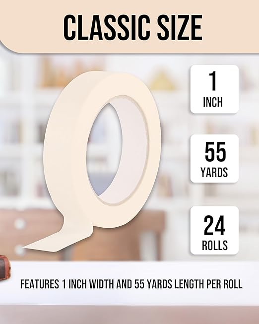 Lichamp Masking Tape 1 inch, 24 Pack General Purpose Beige Masking Tape White Masking Paper, 1 inch x 55 Yards x 24 Rolls (1320 Total Yards)