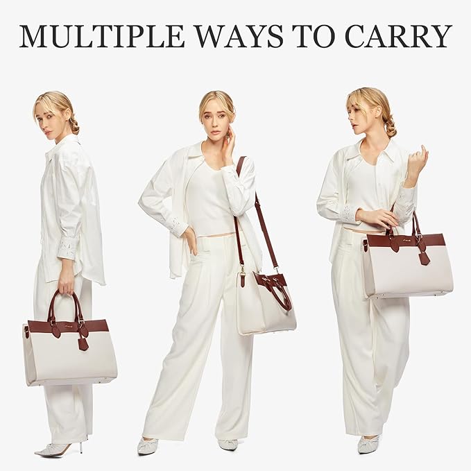 LOVEVOOK Laptop Tote Bag for Women, 15.6 inch Work Bag Purse, Waterproof Leather Women Business Office Briefcase, Beige-Brown