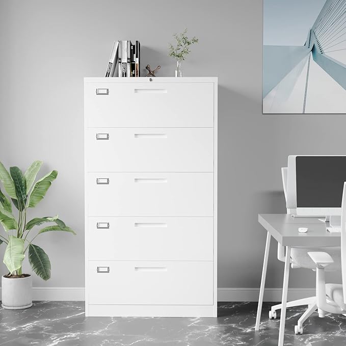 Lateral File Cabinet with 5 Drawers - White Metal Steel Filling Cabinets for Home Office - Lockable Storage Cabinet for Hanging Files Letter/Legal/F4/A4 Size-Assembly Required
