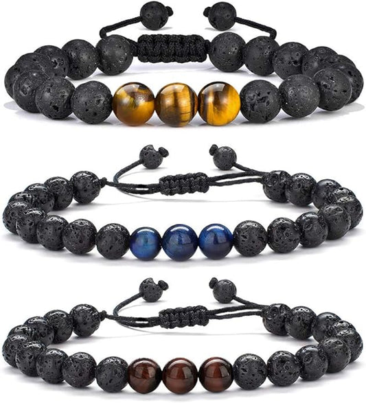 M MOOHAM Natural Stone Bracelets for Men - 8mm Tiger Eye | Matte Agate | Lava Rock Bracelets for Men Teen Boys Gifts Birthday Anniversary Christmas Gifts for Men Teens