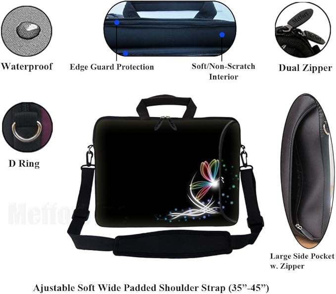 Meffort Inc 17 Inch Neoprene Laptop Bag with Extra Side Pocket, Soft Carrying Handle & Removable Shoulder Strap Fit 16" to 17.3" Size - Butterfly in the Corner