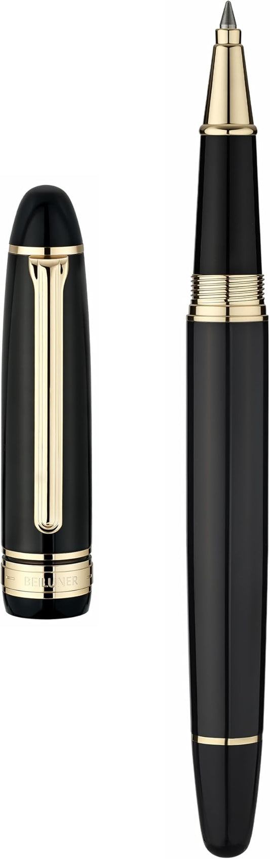 BEILUNER 319 Black Lacquer Rollerball - Stunning Luxury Pen with 24K Gold Finish, Heavy, Schneider Black Ink Refill, Best Gift Set for Men & Women, Professional, Executive Office, Nice Classic Pens