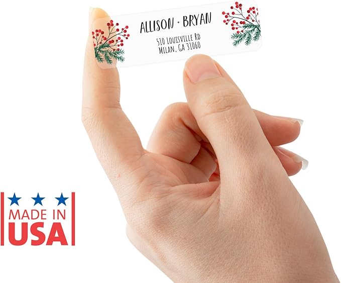 Clear Pine and Holly Rolled Address Labels / 500 Personalized Return Address Labels/Designer Address Stickers in Elegant Plastic Dispenser