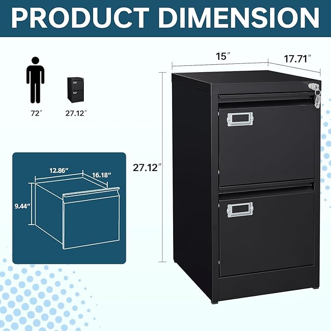 MIIIKO2 Drawer File Cabinet, Metal Vertical Filing Cabinets with Lock, Office File Folders Storage Cabinet for Letter Legal A4 Size