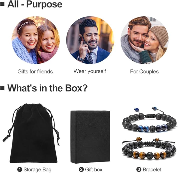 M MOOHAM Natural Stone Bracelets for Men - 8mm Tiger Eye | Matte Agate | Lava Rock Bracelets for Men Teen Boys Gifts Birthday Anniversary Christmas Gifts for Men Teens