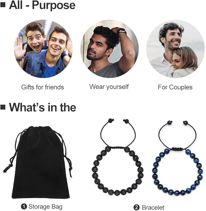 M MOOHAM Natural Stone Bracelets for Men - 8mm Tiger Eye | Matte Agate | Lava Rock Bracelets for Men Teen Boys Gifts Birthday Anniversary Christmas Gifts for Men Teens