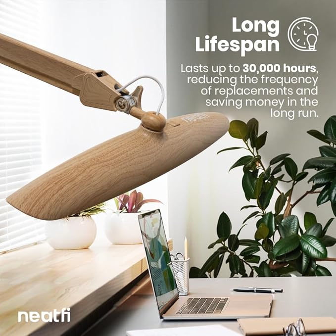 Neatfi XL 2,200 Lumens LED Task Lamp, 24W Super Bright Desk Lamp, 117 Pcs SMD LED, 4 Level Brightness, Dimmable, Task Light for Home, Office, Workbench (Non-CCT, Brown Wood)