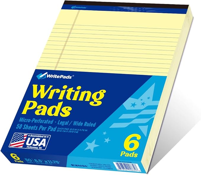 Legal Pads 8.5 x 11,Wide Ruled Note Pads, Canary, 6-Pack, 50 Sheets, Sturdy back, No Bleeding Micro-Perforated Writing Pads for School Office, Made in the USA