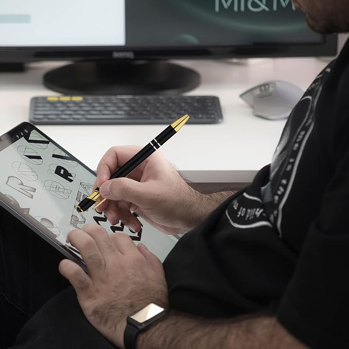 LINFANC 12 Pack Black Gold Ballpoint Pen with Stylus Tip, 1.0 mm Black Ink Smooth Writing Pens, Metal Stylus Pens for Touch Screens