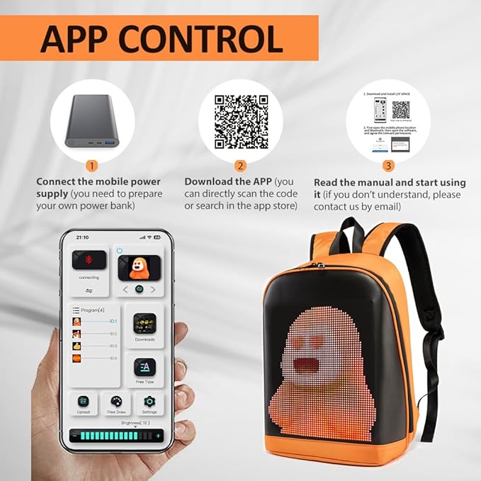 LED Color Screen Customizable photo/icon Backpack,Water-Resistant Travel Bag with USB Port and Comfortable Padding, Orange