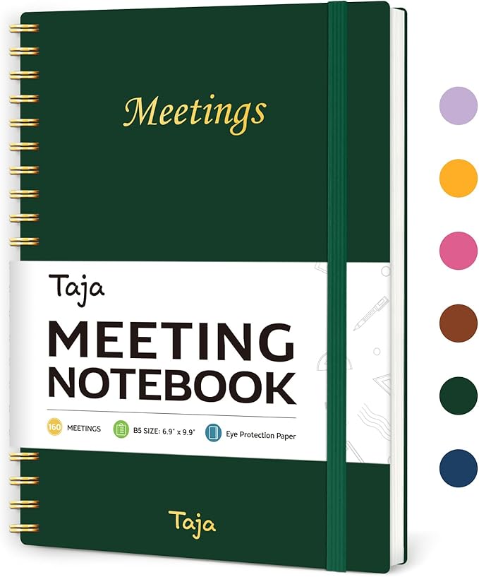 Meeting Notebook for Work Organization - Work Planner Notebook with Action Items, Agenda Planner for Note Taking, 160 Pages (6.9" X 9.9") Project Organizer for Men & Women - Dark Green