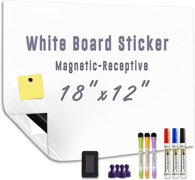 Magnetic Whiteboard Sticker - Adhesive Backing 18'' x 12'' Dry Erase Board for Wall Whiteboard Contact Paper for Kids Office Home Include Marker Magnet Eraser