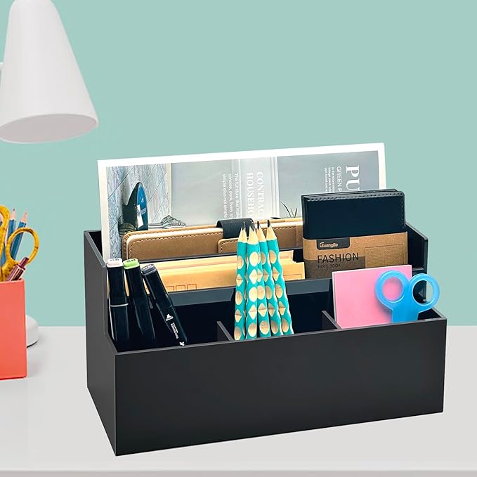 Mail Organizer, Mail Holder with 5 Slots, Modern Mail Sorter Basket for Countertop, Acrylic Desktop Bill Letter Envelope Holder, Black