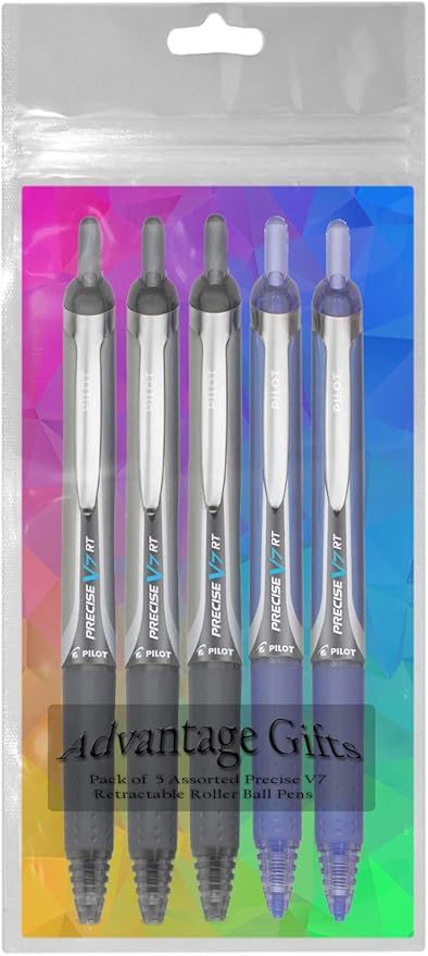 Precise V7 RT Retractable Rolling Ball Pens, Fine Point (.7mm), Assorted Colors Black/Blue Ink, 5-pk; Premium Comfort Grip, Bundle with Plastic Reusable Pouch