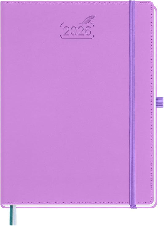 BEZEND 2026 Planner Weekly and Monthly (8.5" x 11") Daily Calendar with Half-Hourly Timeslots & Tab (Jan-Dec) Note & Expenses, Pen Holder, Inner Pocket, Vegan Leather Hardcover - Lavender