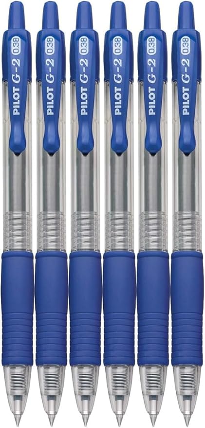 G2 Retractable Premium Gel Ink Roller Ball Pens Ultra Fine Point (.38mm) Blue Ink 6 pack; Refillable & Premium Comfort Grip Bundle with Plastic Reusable Pouch