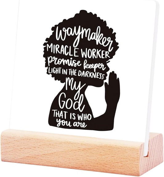Motivational Quotes Office Desk Decor for Women Girls,Way Maker Miracle Worker Promise Keeper Ceramic Plaque Sign for Office Desk Shelf Decor,Gifts for Friends Coworkers