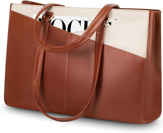 LOVEVOOK Laptop Bag for Women 15.6 Inch Tote Bags Waterproof Leather Briefcase Computer Women Business Office Work Bag,Brown-White