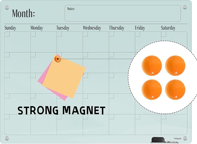 Magnetic Glass Dry Erase Board Calendar- White Board 48 x 36 Inch Wall Mounted Glass Monthly Whiteboard, Large Frameless Glass White Board for Wall Office, Home & School