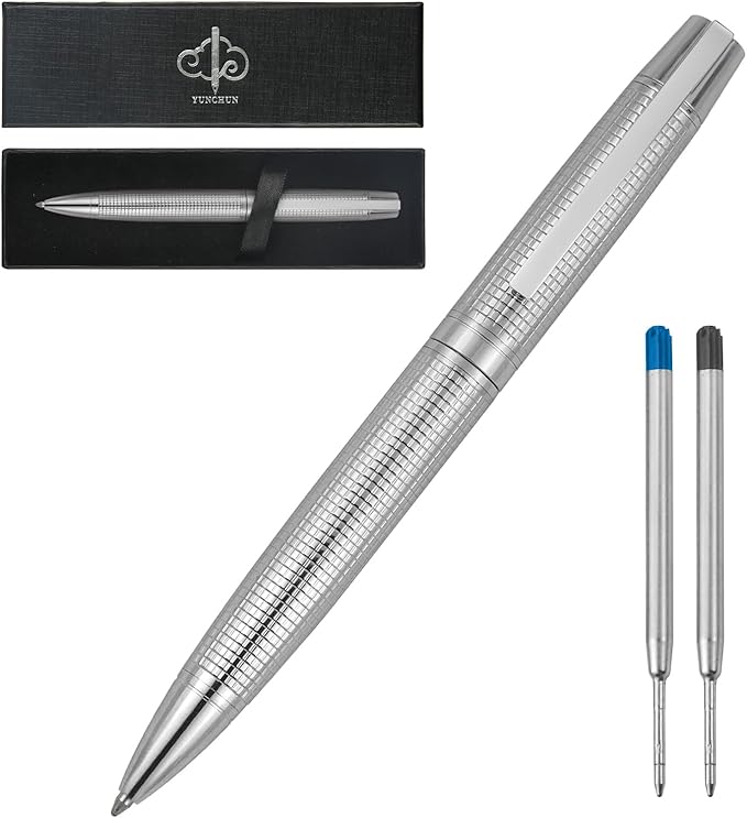 YUNCHUN Executive Pens for Men, Medium Point Ball Point Pen Sets for Men Gift, Heavy Duty Ball Pen for Writing, Retractable Metal Ballpoint Pen for Journaling, Ballpoint Pens Blue Ink with Checkered