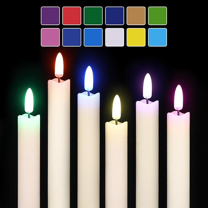 GenSwin Flameless Taper Candles with Remote, Real Wax and Color Changing Wick LED Taper Candles Battery Operated, 6 Pcs Flameless Candlesticks for Halloween Christmas Decor(Ivory, 0.78”x9.6”)