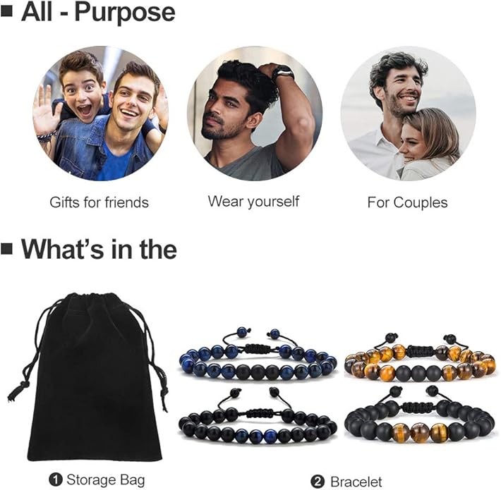 M MOOHAM Natural Stone Bracelets for Men - 8mm Tiger Eye | Matte Agate | Lava Rock Bracelets for Men Teen Boys Gifts Birthday Anniversary Christmas Gifts for Men Teens