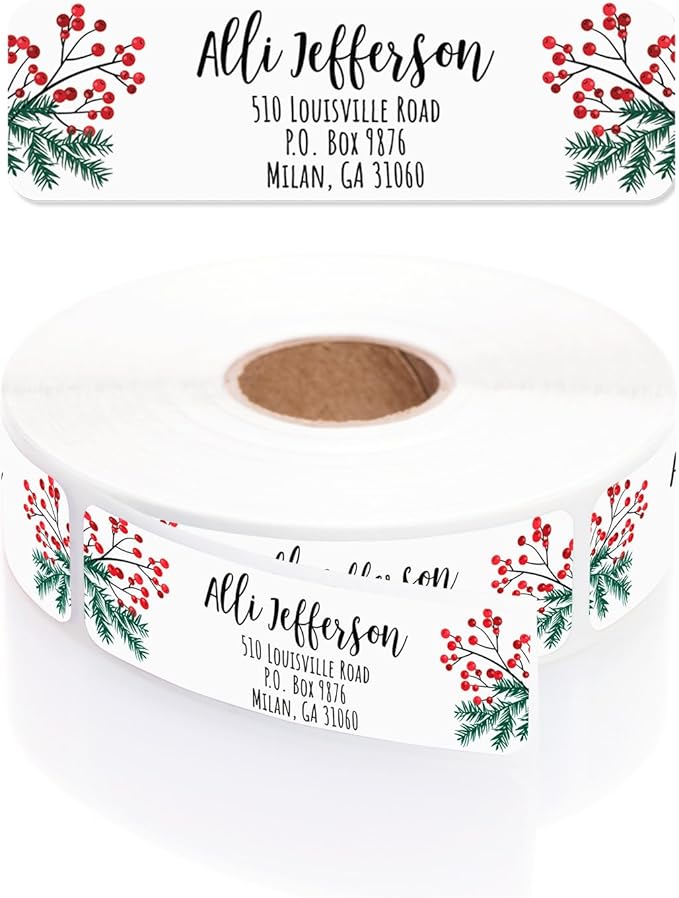 Pine and Holly Rolled Address Labels / 250 Personalized Return Address Labels/Designer Address Stickers in Elegant Plastic Dispenser