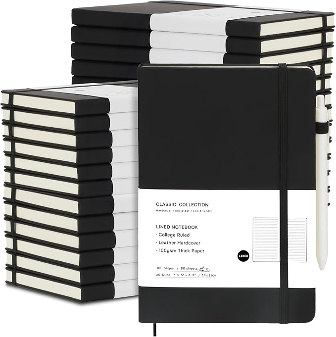 Coopay 24 Pack A5 Journal Notebook with 24 White Pens Bulk Classic Ruled Hardcover Leather Journal Set with Pen Holder for Men Women Writing Office Home School Business, 100GSM, 8.3” x 5.5” (Black)