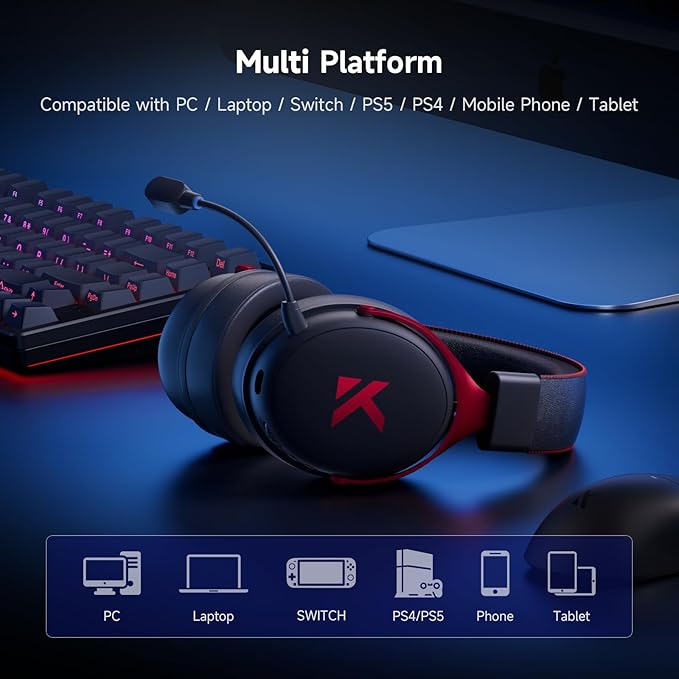 MCHOSE V9 Wireless Gaming Headset 7.1 Surround Sound for PS5 PS4 PC SWITCH TOPSPEED Gaming Headphones with Noise Canceling Mic, 125Hr Battery, Low 15ms Latency, Lightweight, BT 5.3 FPS Games Black&Red