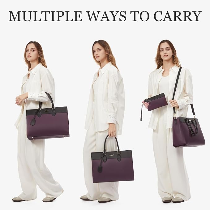 LOVEVOOK Laptop Bag for Women, 15.6 inch Laptop Tote Work Bag Purse, Large Waterproof Leather Computer Briefcase for Office, Purple-Black