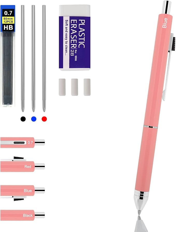 4 in 1 Multi Function Refillable and Retractable Multi Color Pen,Black Red Blue Ballpoint Pen and 0.7mm Multicolor Pencil, Multicolor Pen Gift for Journaling (Pink)