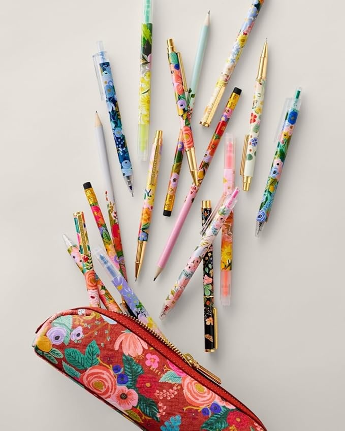 RIFLE PAPER CO. Juliet Rose Writing Pen, 5.375" L, 0.5 mm Rollerball Tip, Stainless Steel Body with Brass Accents, Office and School Supplies for Stationery, Notes, and Art