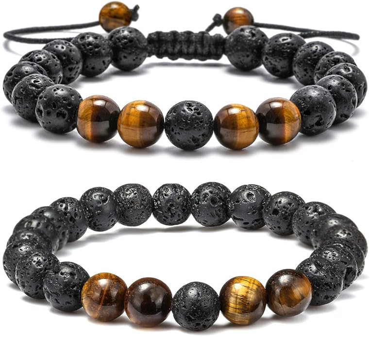 M MOOHAM Natural Stone Bracelets for Men - 8mm Tiger Eye | Matte Agate | Lava Rock Bracelets for Men Teen Boys Gifts Birthday Anniversary Christmas Gifts for Men Teens