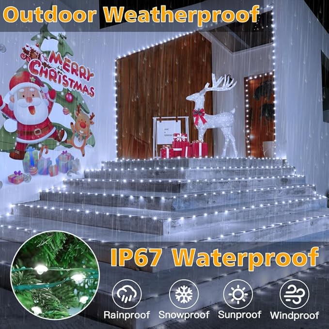 Ollny Christmas Lights Outdoor, 393FT 1200 LED IP67 Waterproof Christmas Tree Lights with 8 Modes Remote Timer, String Lights for House Yard Outside Indoor Xmas Decorations Cool White
