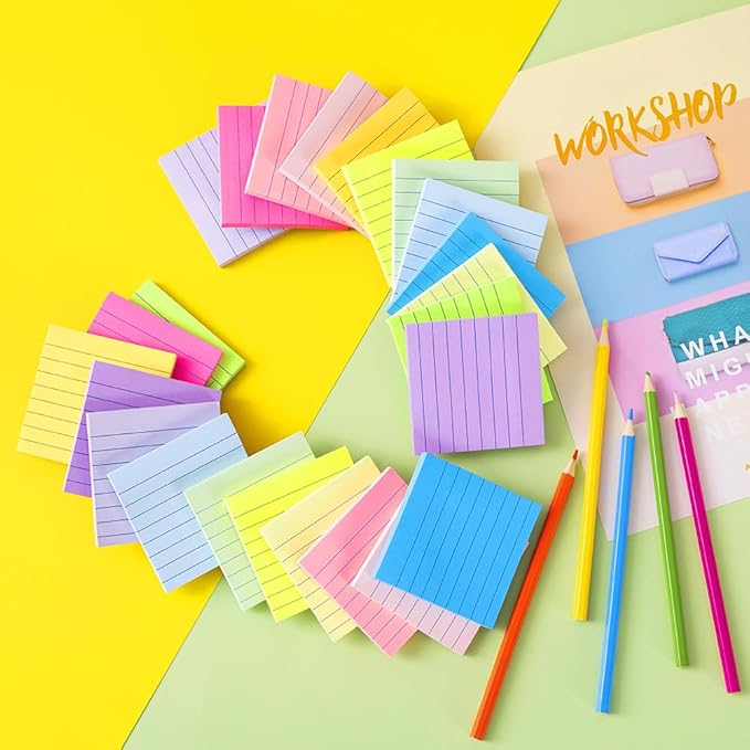 (12 Pads) Lined Sticky Notes 3x3 in Ruled Stickies Super Sticking Power Memo Pads Bright Colors