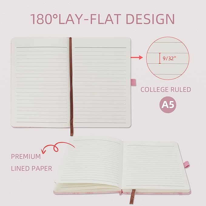 Lined Notebook Journal for Women Men 200 Pages A5 Hardcover Leather with Pen Holder College Ruled Journals for Work Note Taking Travel School (Lined, Pink-B)