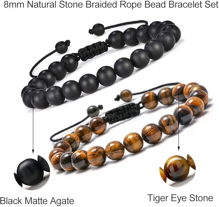 M MOOHAM Natural Stone Bracelets for Men - 8mm Tiger Eye | Matte Agate | Lava Rock Bracelets for Men Teen Boys Gifts Birthday Anniversary Christmas Gifts for Men Teens