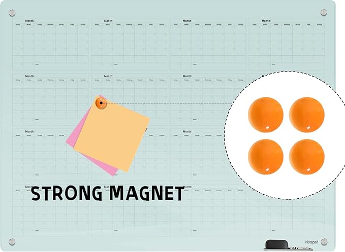 Magnetic Glass Dry Erase Board Calendar- White Board 48 x 36 Inch Wall Mounted Yearly Whiteboard, Large Frameless Glass White Board for Wall Office, Home & School