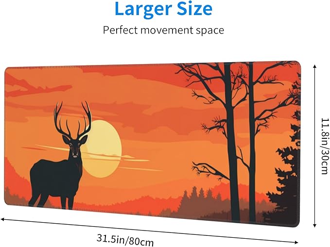 Large Size Sunset with a Silhouetted stag Print Gaming Mouse Pad 31.5 x 12 Inch, Stitched Edges, Anti-Slip Base, Waterproof Surface