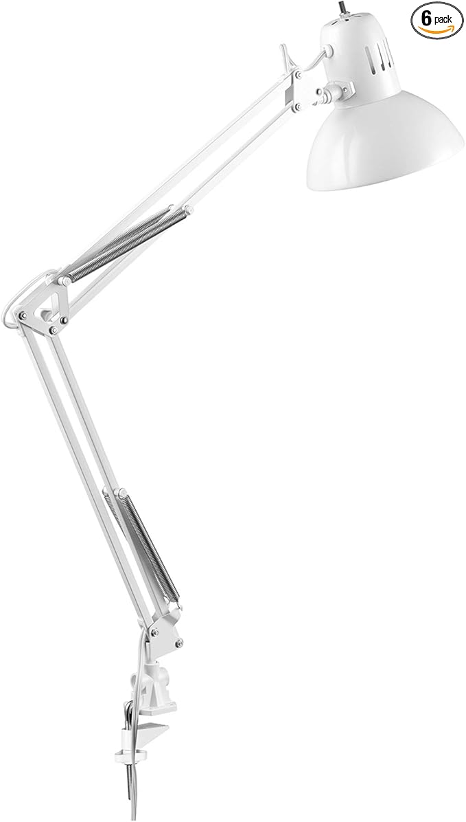 GLOBE Electric 52847 31.5 Inch Swing Arm Clamp-On White Desk Lamp with Nickel Accents, On/Off Rotary Switch, Book Reading Light, Home Essentials, Office Décor, LED Bulb Compatible (Pack of 6)