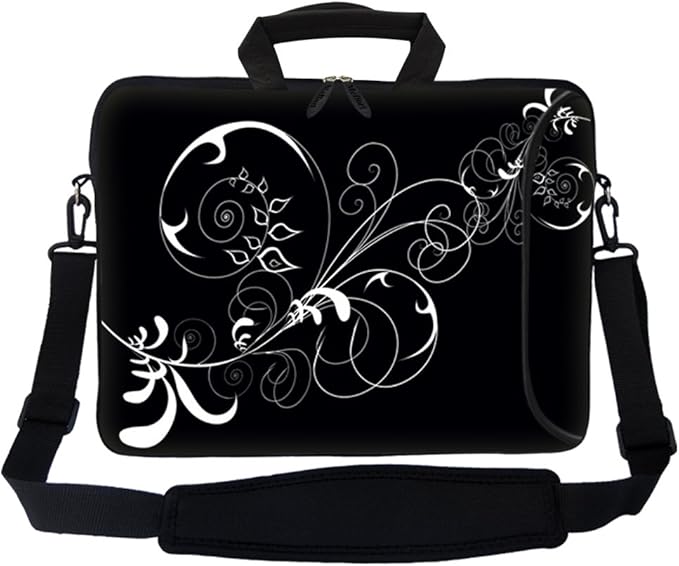 Meffort Inc 17 Inch Neoprene Laptop Bag with Extra Side Pocket, Soft Carrying Handle & Removable Shoulder Strap Fit 16" to 17.3" Size - White Swirl