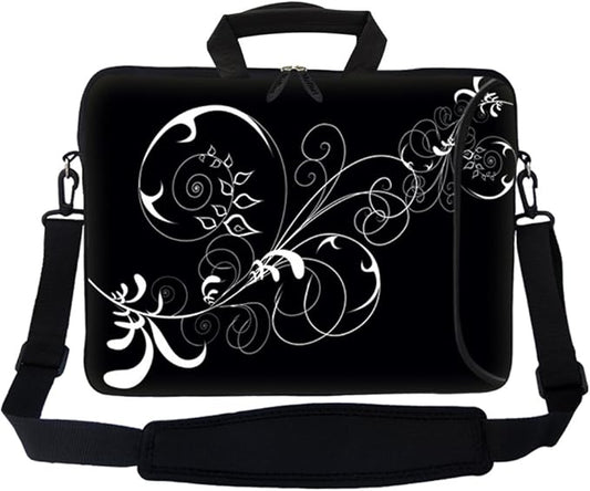 Meffort Inc 17 Inch Neoprene Laptop Bag with Extra Side Pocket, Soft Carrying Handle & Removable Shoulder Strap Fit 16" to 17.3" Size - White Swirl