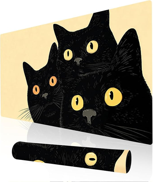 Nuxovilar Professional Large Mouse Pad & Computer Game Mouse Mat (35.4x15.7IN, Artistic Black Cats with Yellow Eyes) (90 * 40cm Artistic Black Cats)
