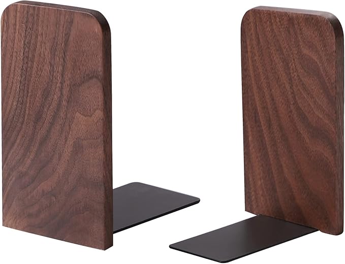 Muso Wood Book Ends for Shelves, Non-Slip Bookends, Heavy Duty Wooden Bookend Support for Books and Movies (Walnut 1 Pair)