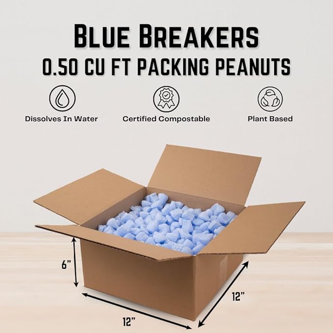 Magicwater Supply - .5 Cu Ft - Blue Breaker Shaped Recycled Anti Static Packing Peanuts - Compostable & Biodegradable Cushion for Shipping - Dust-Free & Abrasion Resistant - Void Filler