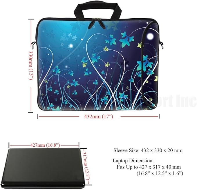 Meffort Inc 17 Inch Neoprene Laptop Bag with Extra Side Pocket, Soft Carrying Handle & Removable Shoulder Strap Fit 16" to 17.3" Size - Blue Mini Flower Swirl