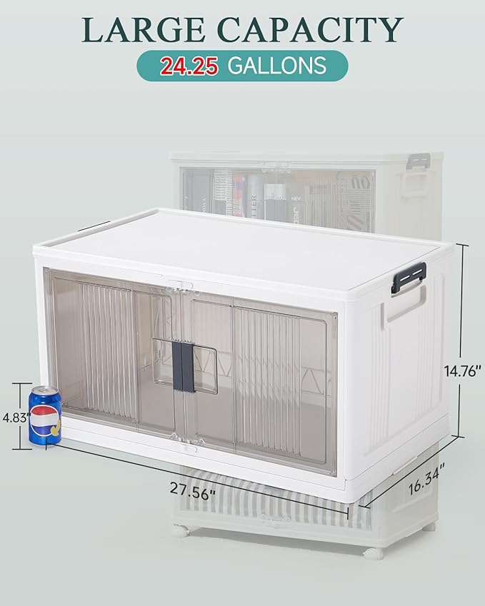 OlarHike 97QT Stackable Storage Bins with Lids - Folding Storage Box with Doors and Wheels, Collapsible Plastic Storage Drawers for Closets, 3 Pack Cubes, Christmas Gifts for Family