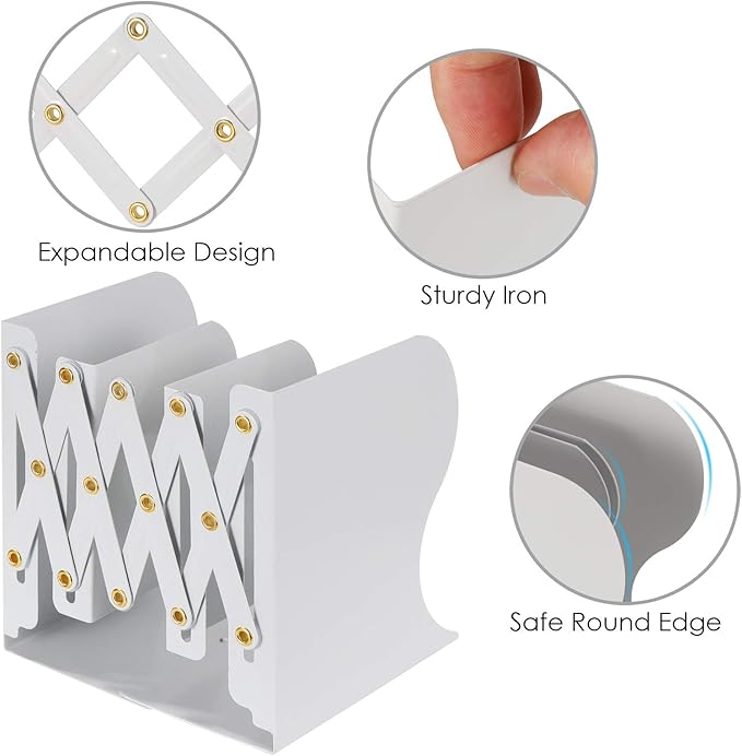 Olebes Adjustable Book Ends, Metal Iron Non Skid Boo kends, Expandable Bookcase Bookend Stand Holder Book Storage Rack, Heavy Bookends for Office Desk, Shelf, Stationery (White)