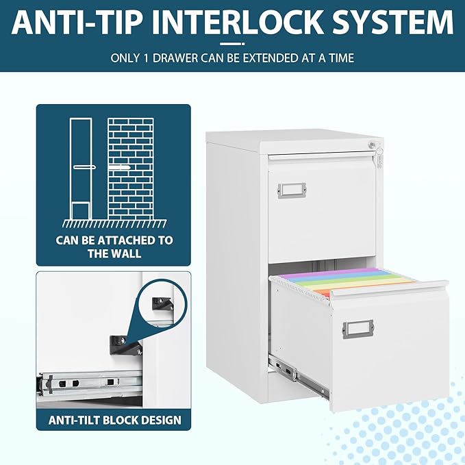 MIIIKO White 2 Drawer File Cabinet, Vertical Filing Cabinet with Lock, Home Office Storage Cabinet for Letter Legal A4 File Size